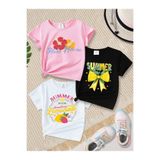 MORNİNG KİDS Kız Çocuk 3'Lü Paket Aloha Hawaii-Summer Kurdele-Summer Lemonade Tasarım Penye Tişört