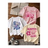 MORNİNG KİDS Kız Çocuk 3'Lü Paket ARKA SIRT Baskılı Simple Joy ve Çiçekler Baskılı Penye Tişört (Bej-Pembe-Beyaz)