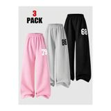 MORNİNG KİDS Kız Çocuk 3'lü Paket Baggy Kalıp 68-86-79 Baskılı Eşofman Altı (Siyah-Gri-Pembe)