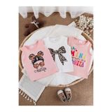 MORNİNG KİDS Kız Çocuk 3'lü Paket Sıfır Kol KidLife-Kurdele-Mini Bonita Tasarım Penye Tişört (Pembe-Beyaz-Pembe)