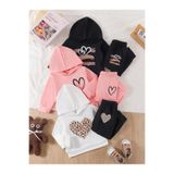 MORNİNG KİDS Kız Çocuk 6 Parça Kapşonlu Kalpler Baskılı Şardonlu Sweatshirt-Eşofman Takımı (Siyah-Beyaz-Pembe)