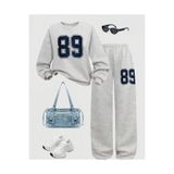 MORNİNG KİDS Kız Çocuk 89 Baskılı GRİ Bisiklet Yaka Sweatshirt-Bol Kesim GRİ Eşofman Takım