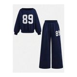 MORNİNG KİDS Kız Çocuk 89 Baskılı Lacivert Bisiklet Yaka Sweatshirt-Bol Kesim Lacivert Eşofman Takım