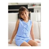 MORNİNG KİDS Kız Çocuk Fiyonk Detaylı MAVİ-BEYAZ Çizgili Dokuma Poplin Kumaş Crop-Şort Alt Üst takım