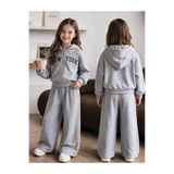 MORNİNG KİDS Kız Çocuk Gri Kapşonlu Fermuarlı New York Baskılı Sweatshirt -Bol Kesim Gri Eşofman Altı Takımı