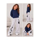 MORNİNG KİDS Kız Çocuk Lacivert Kapşonlu Kedi Baskılı Sweatshirt-Gri Kedi ve Patiler Baskılı Bol Paça Eşofman Altı Takım