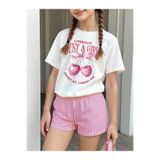 MORNİNG KİDS Kız Çocuk Literally Just a Girl Baskılı Beyaz Tişört-Pembe Beyaz Çizgili Şort Takım