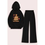 MORNİNG KİDS Kız Çocuk Siyah Capy Bara Çilek Baskılı Kapşonlu Sweatshirt- Siyah Bol Kesim Eşofman Takım