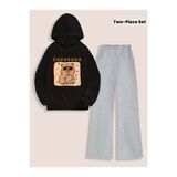 MORNİNG KİDS Kız Çocuk Siyah Kapşonlu CapyBara Baskılı Sweatshirt- GRİ Bol Kesim Eşofman Takım
