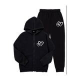 MORNİNG KİDS Kız Çocuk Siyah Kapşonlu Fermuarlı Çift Kalp Baskılı Şardonlu Sweatshirt Hırka-Eşofman Takım