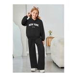 MORNİNG KİDS Kız Çocuk Siyah New York Baskılı Kapşonlu Sweatshirt-Bol Kesim Siyah Eşofman Takım