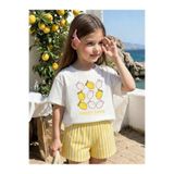 MORNİNG KİDS Kız Çocuk Sweet Love Limon Baskılı Beyaz Tişört-Sarı Beyaz Çizgili Şort Takım