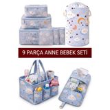 MorOropa Lüx 9 Parça Anne Bebek Seti - Çamaşır Sepeti, Bebek Çantası, Alt Açma Çantası, 6'lı Valiz Organizeri