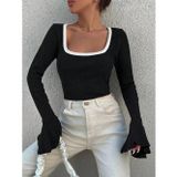 Morotonom Kare yaka garni detay ispanyol kol bluz siyah a3105