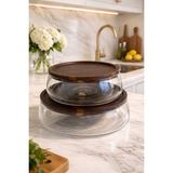 Morponi 2'li Borosilikat Cam Lüks Akasya Kapaklı Cam Kase - Sunumluk-Salata Kasesi 18 cm - 22 cm - Şeffaf