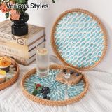 Morponi 2'li El Yapımı Doğal Rattan Tepsi Sedef Desenli Yuvarlak Sunum Tepsisi Şık Servis Tepsisi 30-33 cm Mavi