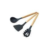 Morponi 3 Parça Siyah Bambu Saplı Silikon Uçlu Mutfak Servis Seti(Kepçe-Spatula-Spagetti)