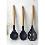 Morponi 3'lü Bambu Saplı Silikon Mutfak Seti Kaşık Kepçe Kevgir Siyah