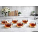 Morponi 6'lı Borosilikat Cam Bambu El Yapımı Rattan Tabaklı Çay ve Kahve FINCANI180 ml - Şeffaf