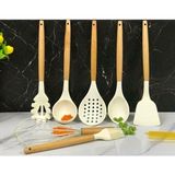 Morponi 7 Parça Bambu Saplı Silikon Kepçe Spatula Mutfak Seti Beyaz