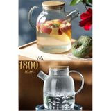 Morponi Ateşe Dayanıklı Borosilikat Cam Bambu Kapaklı Bitki Çayı Demliği & Sürahi 1800 Ml Şeffaf