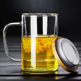 Morponi Bambu Kapaklı Borosilikat Cam Süzgeçli Cam Kupa 450 ml Uzun (THN76308) - Şeffaf