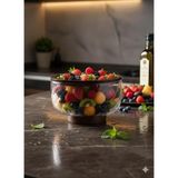 Morponi Borosilikat Cam Lüks Akasya Kapaklı ve Akasya Ayaklı Cam Kase - Sunumluk-Salata Kasesi Dalgalı 20 cm - Şeffaf