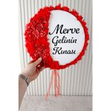 Mortex Kırmızı Aplik ve 3D Çiçek Süslemeli Kişiye Özel Gelin Tefi 32 cm Kına, Düğün, Nedime, Bride, Parti, Sünnet Def