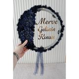 Mortex Lacivert Aplik ve 3D Çiçek Süsleme LED’li Şeffaf Gelin Tefi 32 cm Kına Düğün Nedime Bride Parti Defi