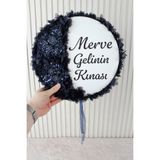 Mortex Lacivert Aplik ve 3D Çiçek Süslemeli Kişiye Özel Gelin Tefi 32 cm Kına, Düğün, Nedime, Bride, Parti, Sünnet, Def