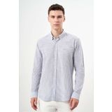 Morven Erkek Gri Pamuk Çizgili-Panolu İtalyan Yaka Slim Fit Gömlek