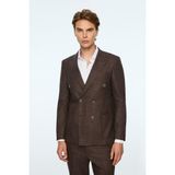 Morven Erkek Kahve Keten Trend Çizgili Slim Fit Sivri Yaka Kruvaze Takım Elbise - Kahverengi - 6 Drop - 44