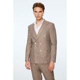 Morven Erkek Kahve Keten Trend Çizgili Slim Fit Sivri Yaka Kruvaze Takım Elbise - Kahverengi - 6 Drop - 46