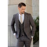 Morven Erkek Kahve Poliviskon Trend Yelekli Ekoseli Slim Fit Sivri Yaka Takım Elbise - 50 - 6 Drop - Kahverengi
