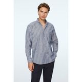 Morven Erkek Lacivert Keten Trend Çizgili Regular Fit Düğmeli Yaka Gömlek