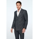 Morven Erkek Lacivert Keten Trend Çizgili Slim Fit Sivri Yaka Kruvaze Takım Elbise - 6 Drop - 50
