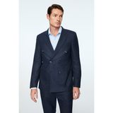Morven Erkek Lacivert Keten Trend Çizgili Slim Fit Sivri Yaka Kruvaze Takım Elbise - 6 Drop - 54