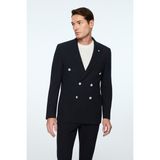 Morven Erkek Lacivert Poliviskon Trend Desenli Slim Fit Sivri Yaka Kruvaze Takım Elbise - 6 Drop - 54