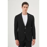 Morven Erkek Siyah Poliviskon Trend Çizgili Slim Fit Mono Yaka Takım Elbise