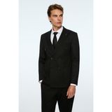Morven Erkek Siyah Poliviskon Trend Düz Slim Fit Sivri Yaka Kruvaze Takım Elbise - 6 Drop - 48