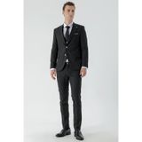 Morven Erkek Siyah Poliviskon Trend Yelekli Çizgili Desen Slim Fit Sivri Yaka Takım Elbise