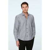 Morven Erkek Siyah Polyester Trend Çizgili Dynamic Fit Sert Yaka Gömlek