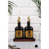 Moss 2'li Ahşap Standlı Damlatmaz Zeytinyağı Sıvıyağ Şişesi Cam Yağdanlık Seti 500 ml Siyah - 500 cc