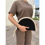 Moss Fermuarlı Hasır Jüt Vegan Clutch Çanta - Siyah - Krem