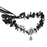 MOSTORY El yapımı siyah çiçek kafa bandı koyu peri başlığı Elf taç elf çelenk kristal ile kızlar kadınlar için Cosplay rönesans gelin hamile