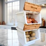 Motek Patateslik Soğanlık Sepeti Oyuncak Kutusu Tekerlekli Organızer Çok Amaçlı Kutu 2X12Lt-Bambu+Krem