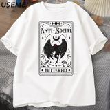 Mothman Tarot Kartı Kelebek T-Shirt Adam Vintage Pamuk Kısa Kollu T Shirt Streetwear Rahat Yu - Beyaz