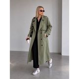 Motix Premium Poplin Kumaş Kemerli Uzun Trençkot - Haki Yeşil 05 - Standart