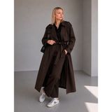 Motix Premium Poplin Kumaş Kemerli Uzun Trençkot - Kahve - Standart