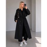 Motix Premium Poplin Kumaş Kemerli Uzun Trençkot - Siyah - Standart
